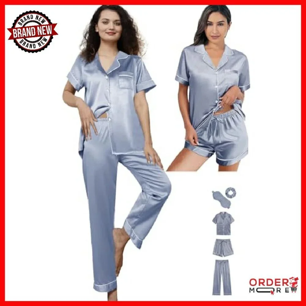 Silk Satin Pajama Set 5-Piece Sleepwear Loungewear XS-XXL